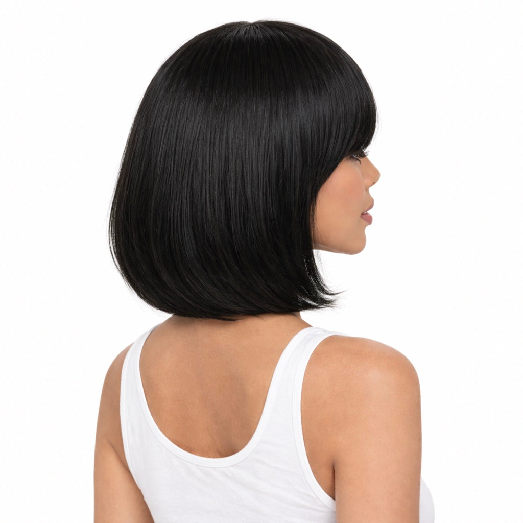 Perruque Bob Court Sleek à Frange - Noir Intense - Synthétique Premium