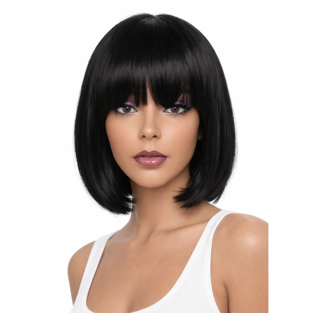 Perruque Bob Court Sleek à Frange - Noir Intense - Synthétique Premium