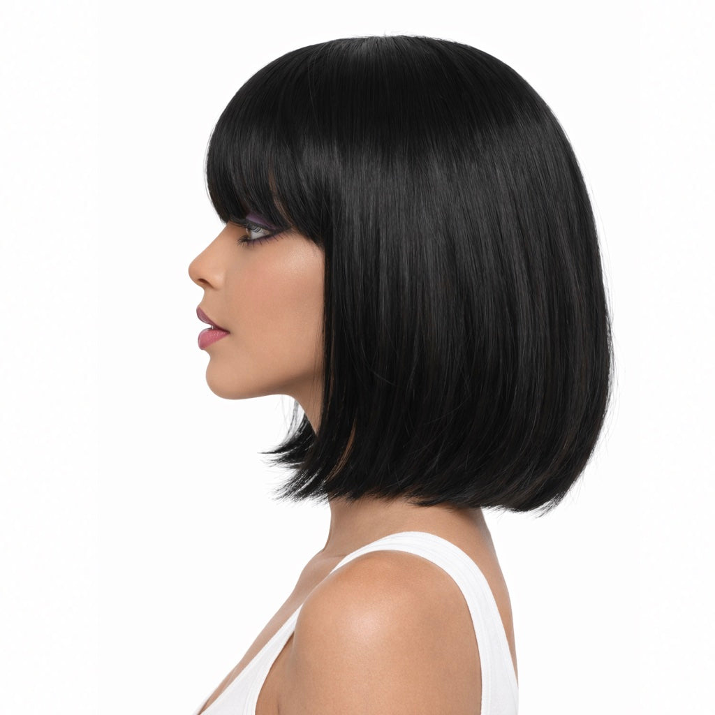 Perruque Bob Court Sleek à Frange - Noir Intense - Synthétique Premium