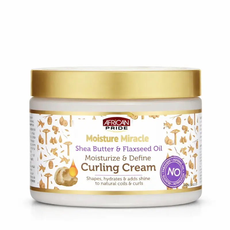 Pot de crème coiffante African Pride Moisture Miracle au beurre de karité et huile de lin.