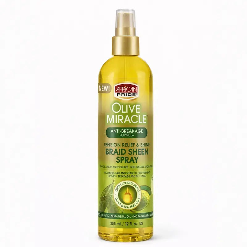 Spray de brillance et d'hydratation pour tresses African Pride Olive Miracle.