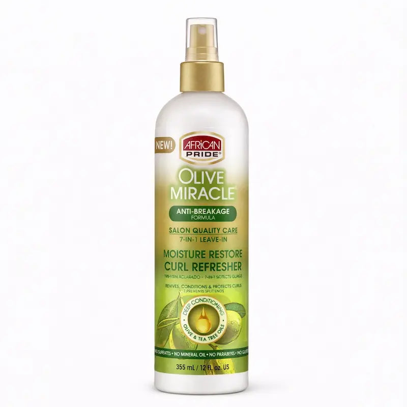 Spray raviveur de boucles African Pride Olive Miracle à l'huile d'olive.