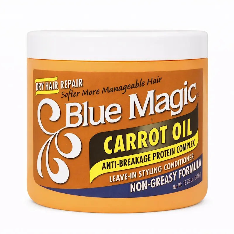 Pot de crème de soin sans rinçage Blue Magic Carrot Oil à l'huile de carotte.