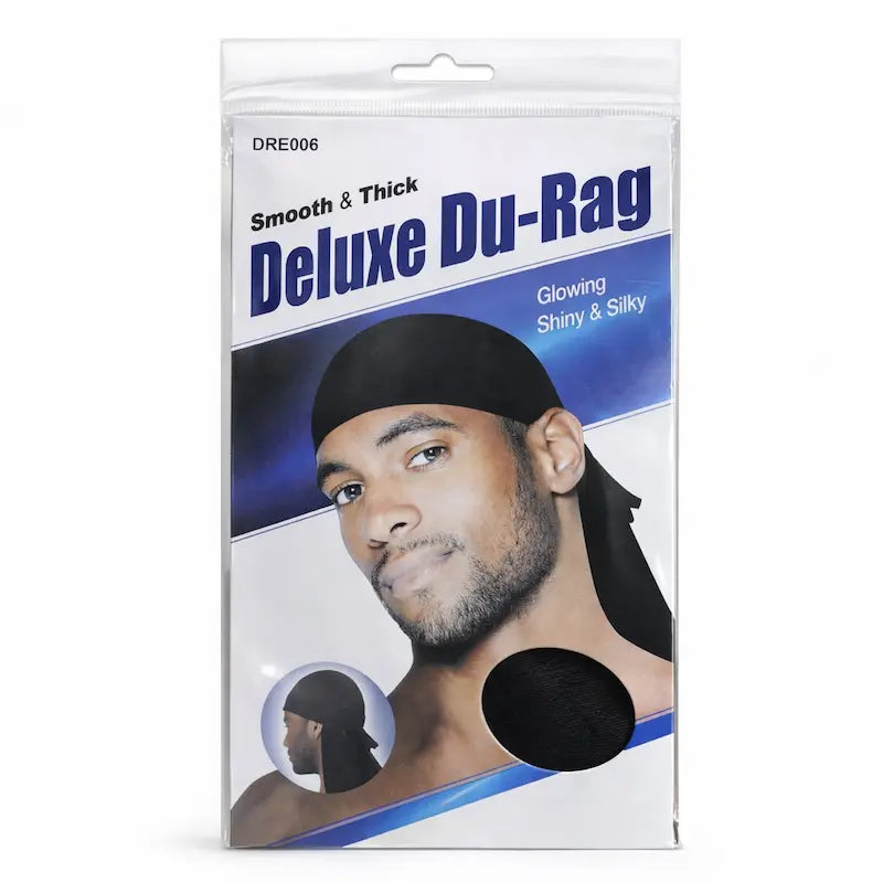 Du-Rag deluxe noir en satin soyeux avec longues lanières de maintien