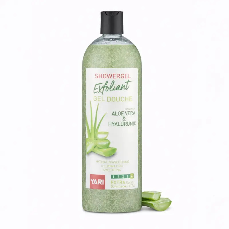 Gel douche gommant hydratant Yari à l'Aloe Vera et Acide Hyaluronique.