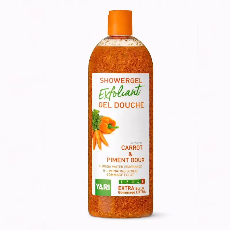 Flacon de gel douche gommant Yari Carotte et Piment Doux.