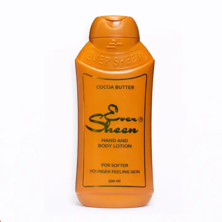 Flacon 500ml de lotion Ever Sheen Hand and Body au beurre de cacao.