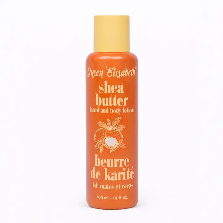 Flacon de lait hydratant Queen Elisabeth Hand and Body au beurre de karité.