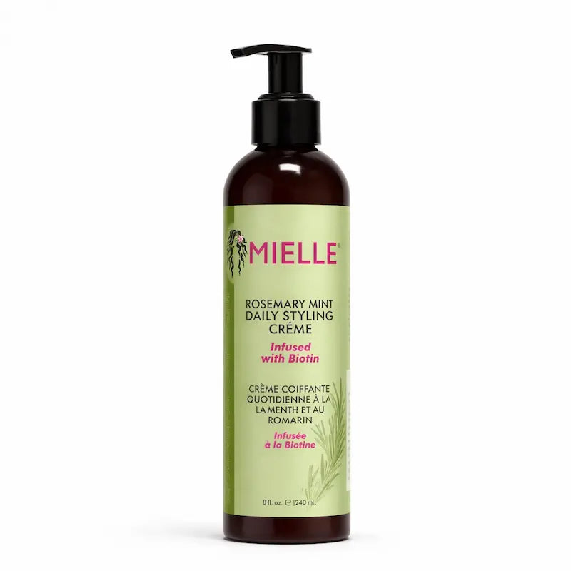 Flacon de crème de coiffage quotidienne Mielle Organics au romarin et à la menthe.