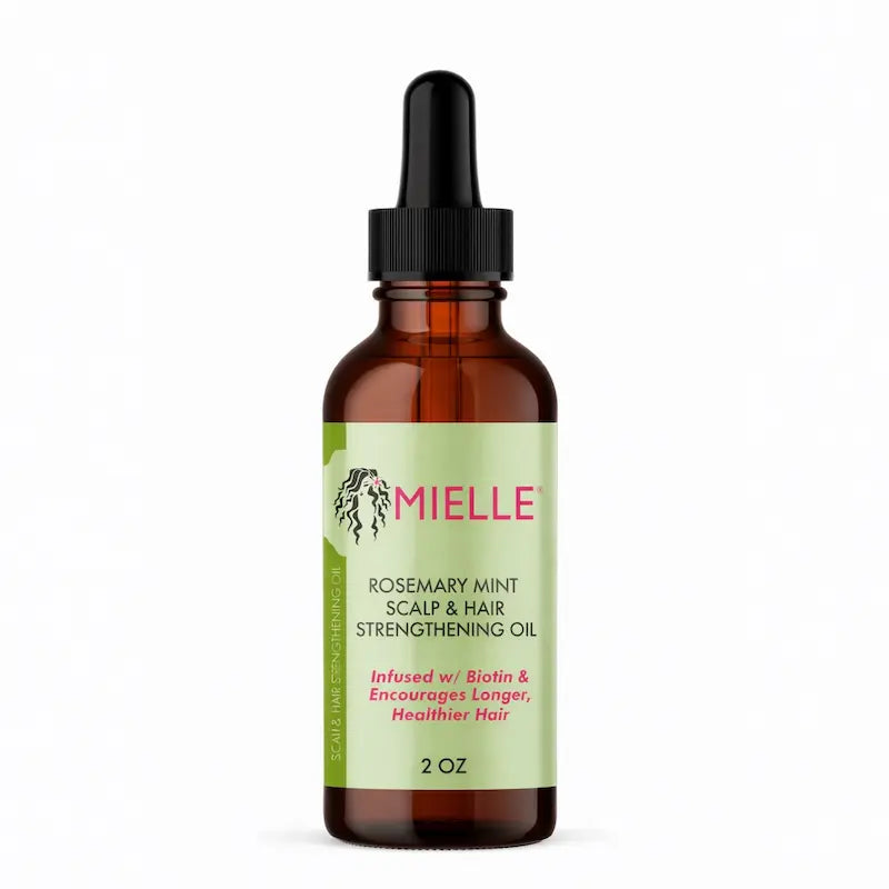 Flacon d'huile de croissance et fortifiante Mielle Organics au romarin et à la menthe.