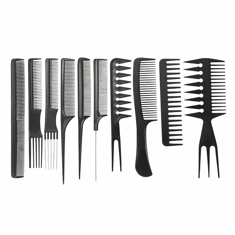 Étui de 10 peignes de coiffure professionnels noirs de différentes tailles.