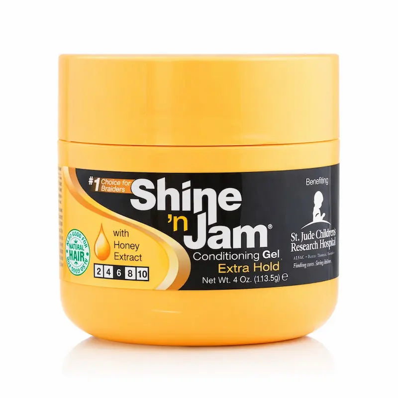 Pot de gel Shine 'n Jam Extra Hold orange pour tresses et bordures.