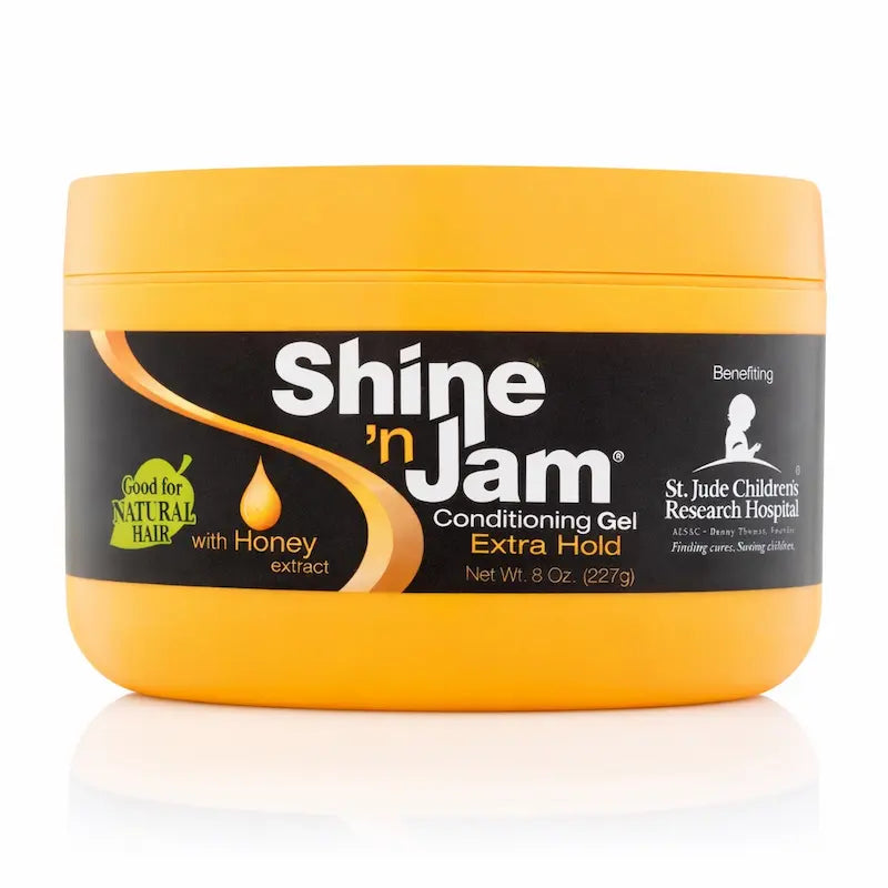 Pot de gel Shine 'n Jam Extra Hold orange pour tresses et bordures.