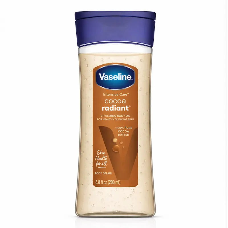 Flacon d'huile corporelle Vaseline Intensive Care Cocoa Radiant au beurre de cacao.