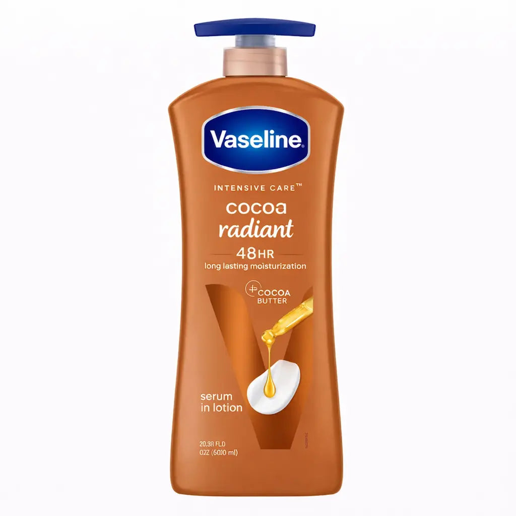 Grand format 600ml Lait corps Vaseline Cocoa Radiant au beurre de cacao.