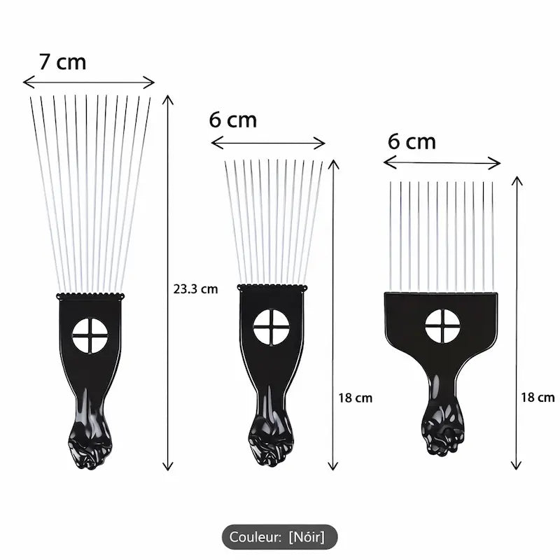 Peigne afro pick noir avec longues dents métalliques pour volume.
