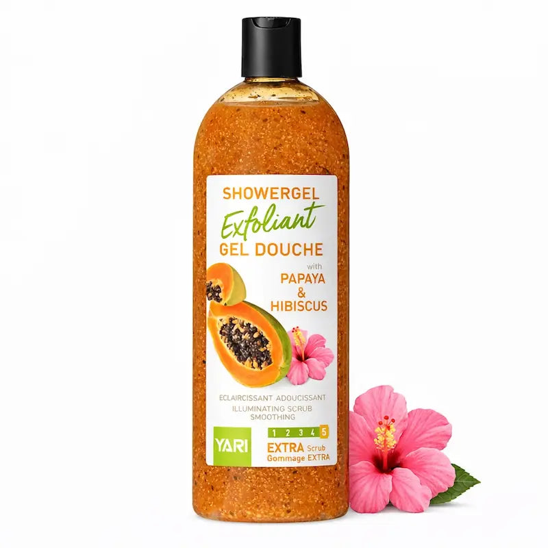 Flacon 1L de gel douche exfoliant Yari aux extraits de papaye et d'hibiscus.