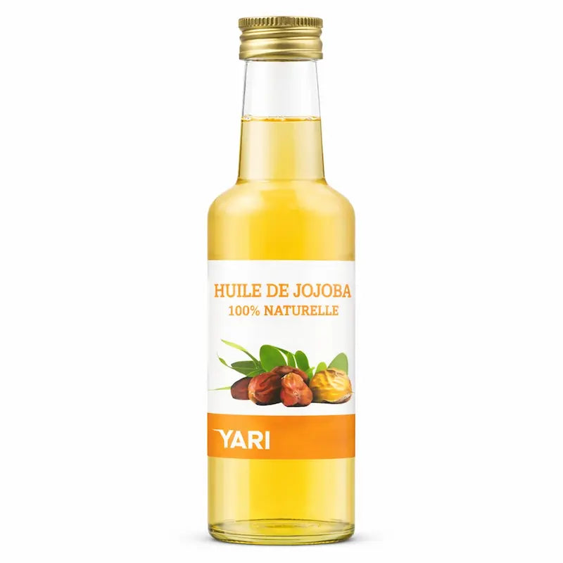 Flacon d'huile de Jojoba 100% naturelle Yari pour l'équilibre de la peau et des cheveux.