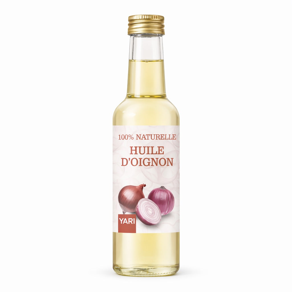 Flacon d'huile d'oignon 100% naturelle Yari pour la densité capillaire.